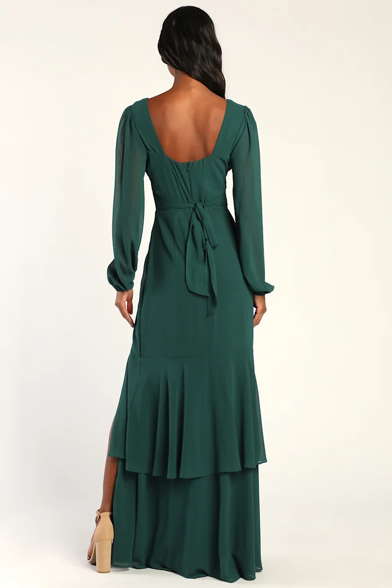Tier Elegance Hunter Green Long Sleeve Tiered Maxi Dress | Lulus