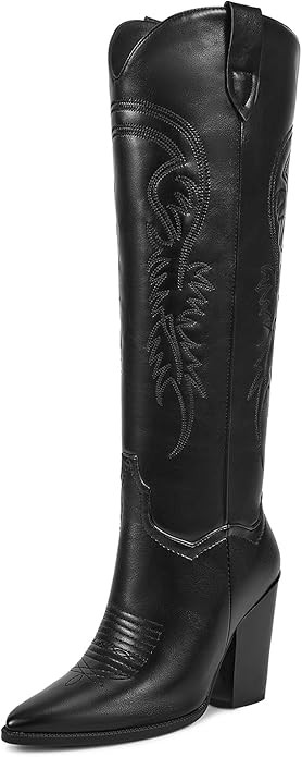 ISNOM Women's Cowgirl Boots Pull On Knee High Boots, Cowboy Western Embroidered Chunky Block Heel... | Amazon (US)