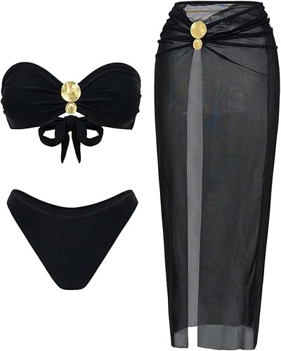 GORGLITTER Women's 3 Piece Swimsuits Metal Strapless Bandeau Bikini Sets with Cover Up Skirts | Amazon (US)