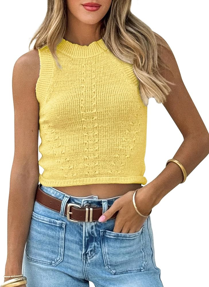 Sleeveless Sweater Tops for Women Crewneck Sweater Vest Trendy Y2k Going Out Knit Crop Tank Top | Amazon (US)