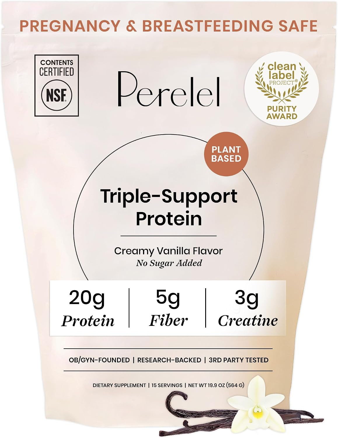 Perelel Triple-Support Plant Based Protein Powder, Creamy Vanilla, 20g Vegan Protein Powder, 3g Creatine Monohydrate, & 5g Prebiotic Fiber per Serving, Dairy Free, No Sugar Added, 15 Day Supply | Amazon (US)