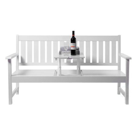 Wooden Patio Garden Park Outdoor Yard Bench With Middle Pop-up Foldable Table, White | Walmart (US)