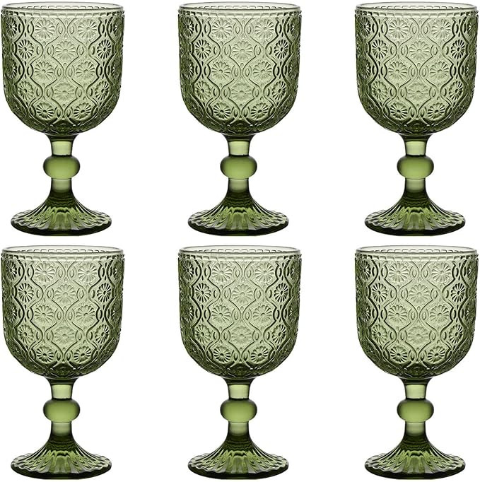 Green Glasses Drinking Wine Water Goblets Glassware set of 6 Vintage Stemware 12 Ounces for Weddi... | Amazon (US)