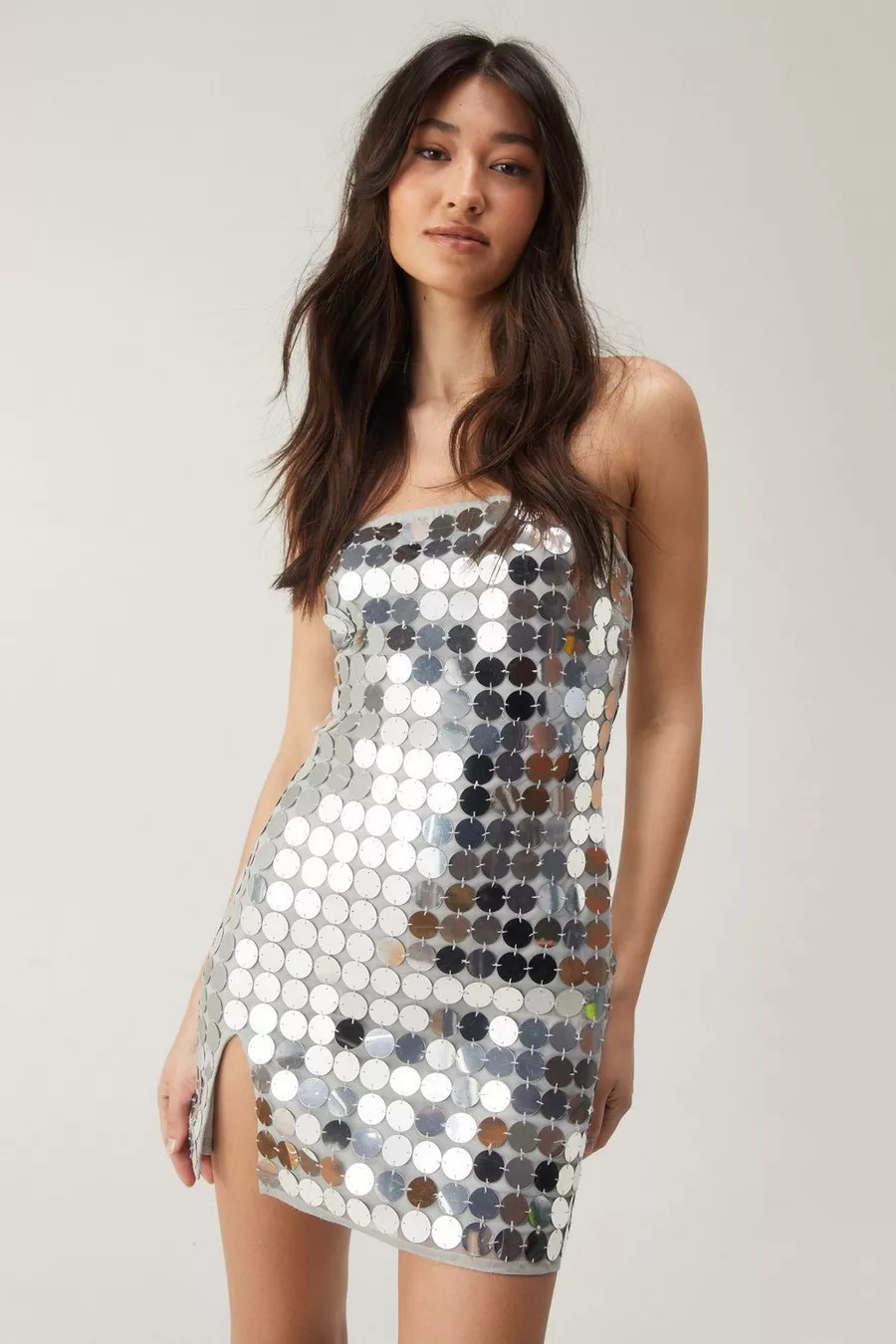 Mirrorball Disc Sequin Bandeau Split Mini Dress | Nasty Gal US