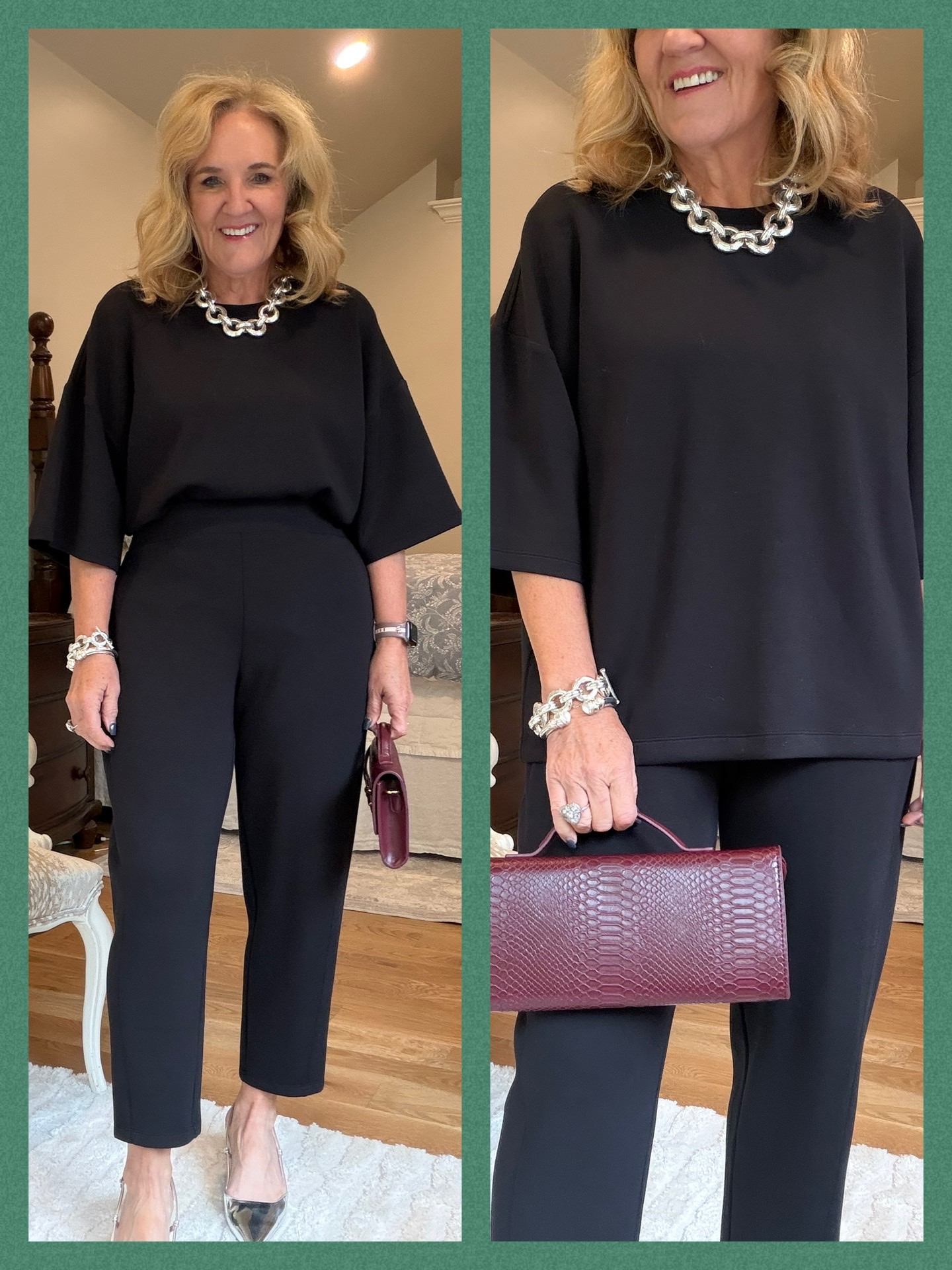 Ever thought of wearing Spanx air essentials to a holiday party? You totally can. I love this look.
Relaxed oversize t-shirt Wearing size medium.
Spanx barrel pants medium petite
Add some silver shoes and an elevated bag! Party perfect!
Julie Vos Silver are statement pieces.

#LTKOver40 #LTKHoliday #LTKParties