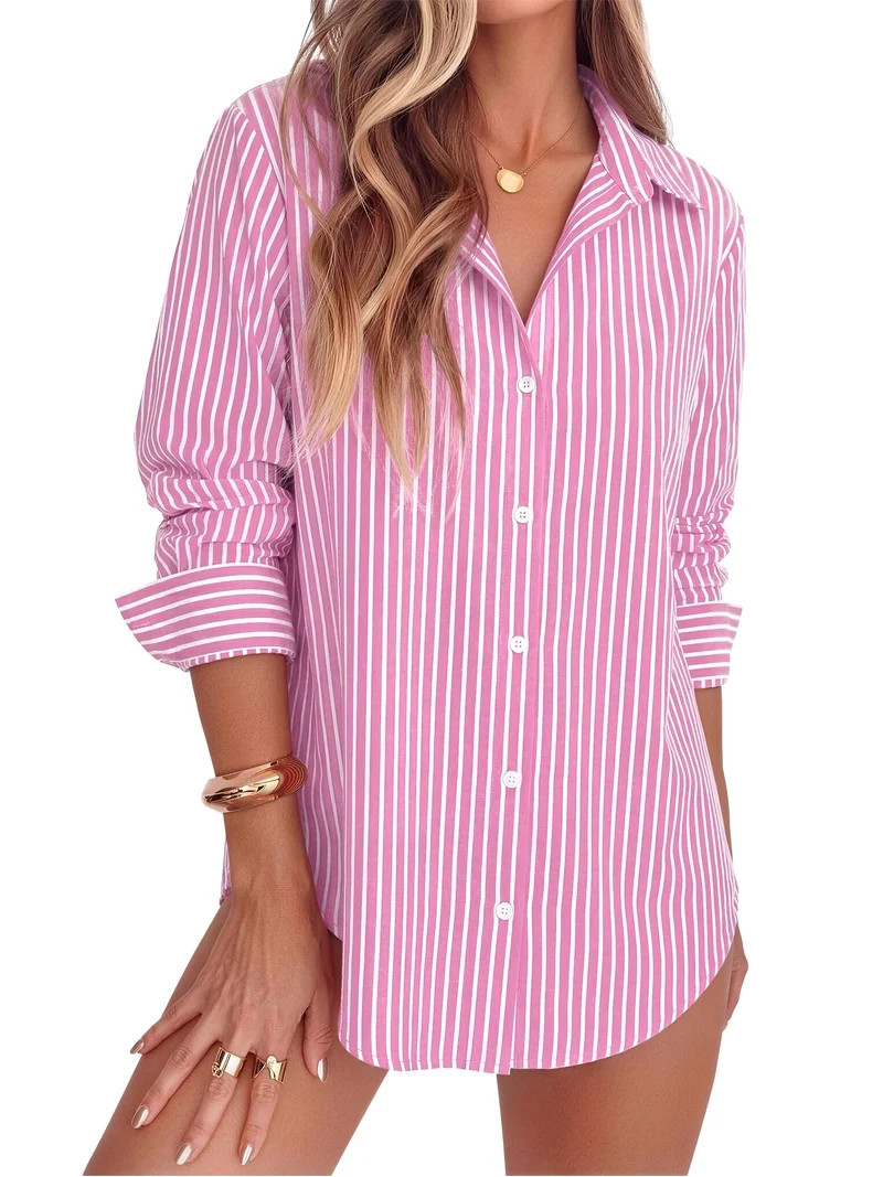 Fantaslook Striped Button Down Shirts for Women Classic Long Sleeve Collared Office Work Blouses ... | Walmart (US)