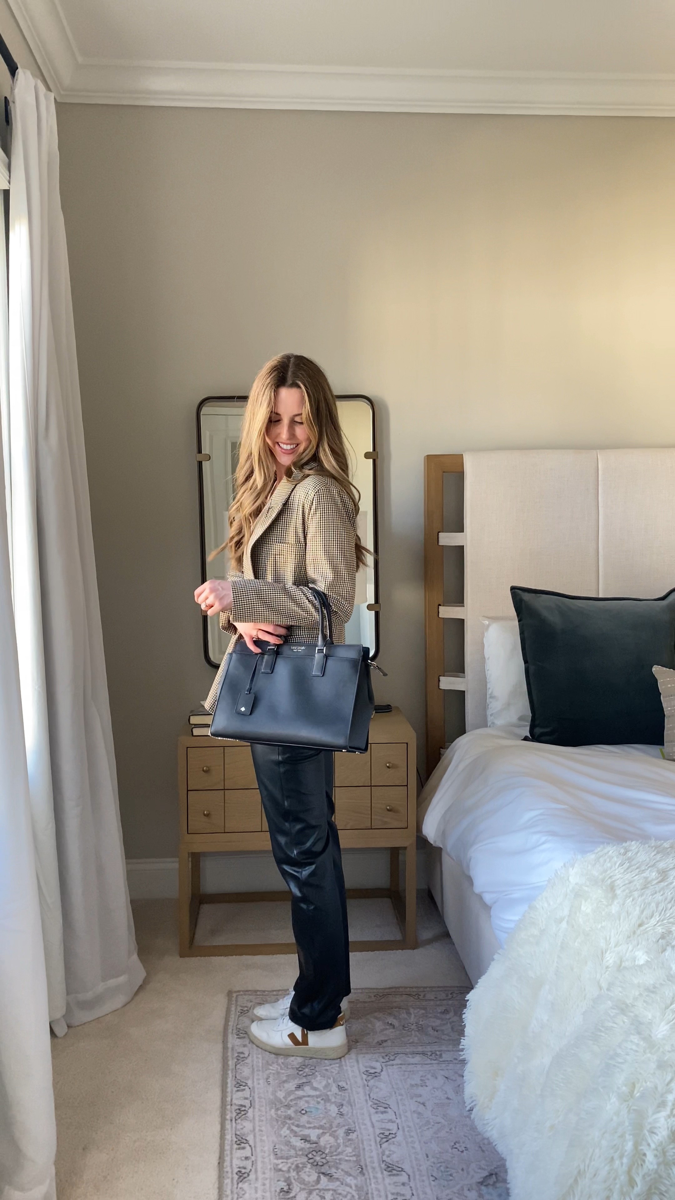 Plaid blazer, leather pants, Veja V10 sneakers, work tote 

#LTKsalealert #LTKunder100 #LTKunder50