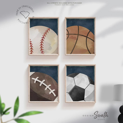 Set of 4 Sports Balls Navy Blue Wall Print