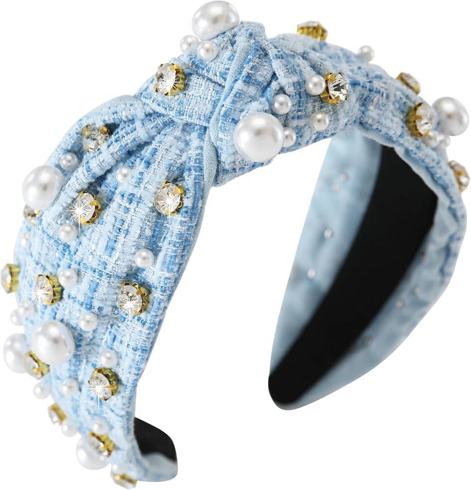 Pearl Rhinestone Tweed Headband for Women Sparkle Luxury Plaid Knotted Headband Wide Vintage Ladi... | Amazon (US)