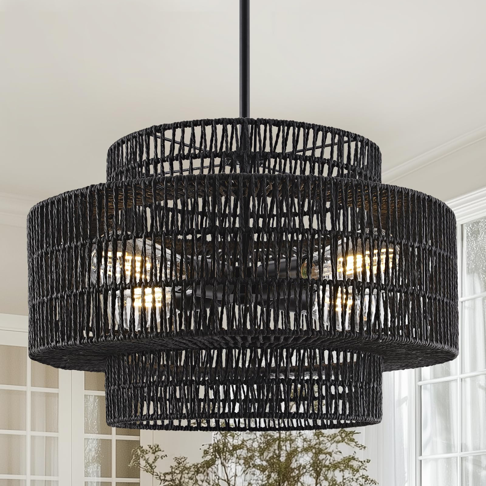 4-Light Black Boho Rattan Chandelier Light Fixture, 17.7” Hand Woven Rustic Chandeliers Farmhou... | Amazon (US)