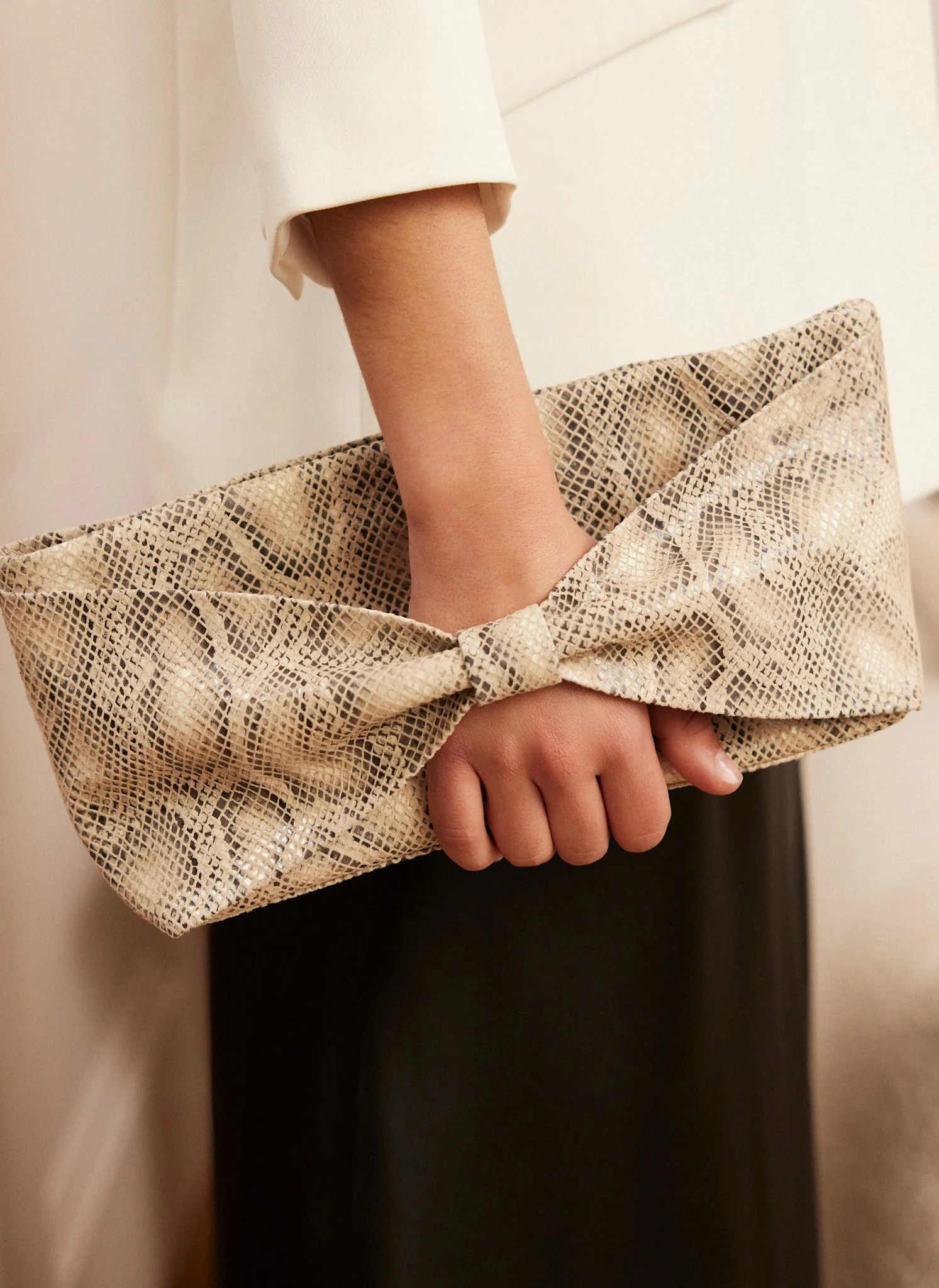 Cream Snake Print Leather Clutch Bag | Mint Velvet