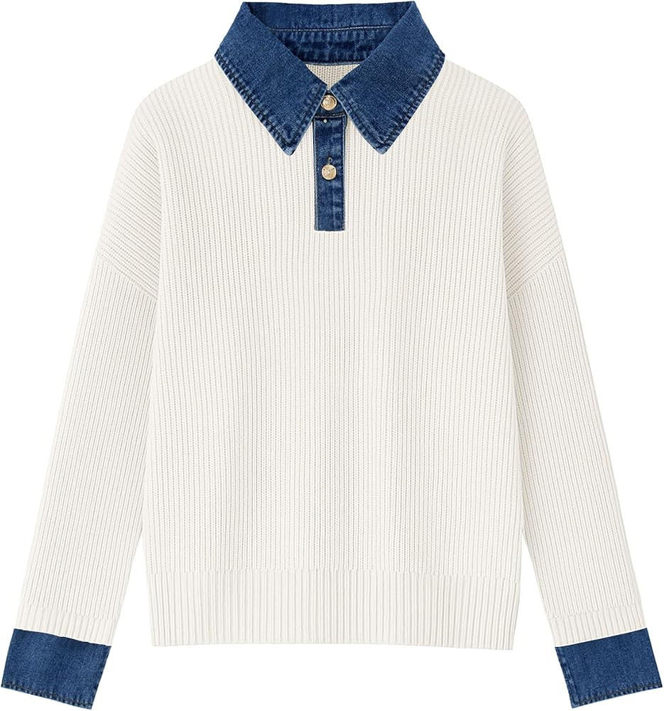 Women’s Sweaters Long Sleeve Denim Lapel V Neck Buttons Closure Pullover Tops Casual Winter Pol... | Amazon (US)