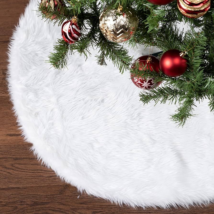 White Faux Fur Tree Skirt 36", Chirstmas Tree Skirt Soft Classic Fluffy Faux Fur Tree Skirt for X... | Amazon (US)