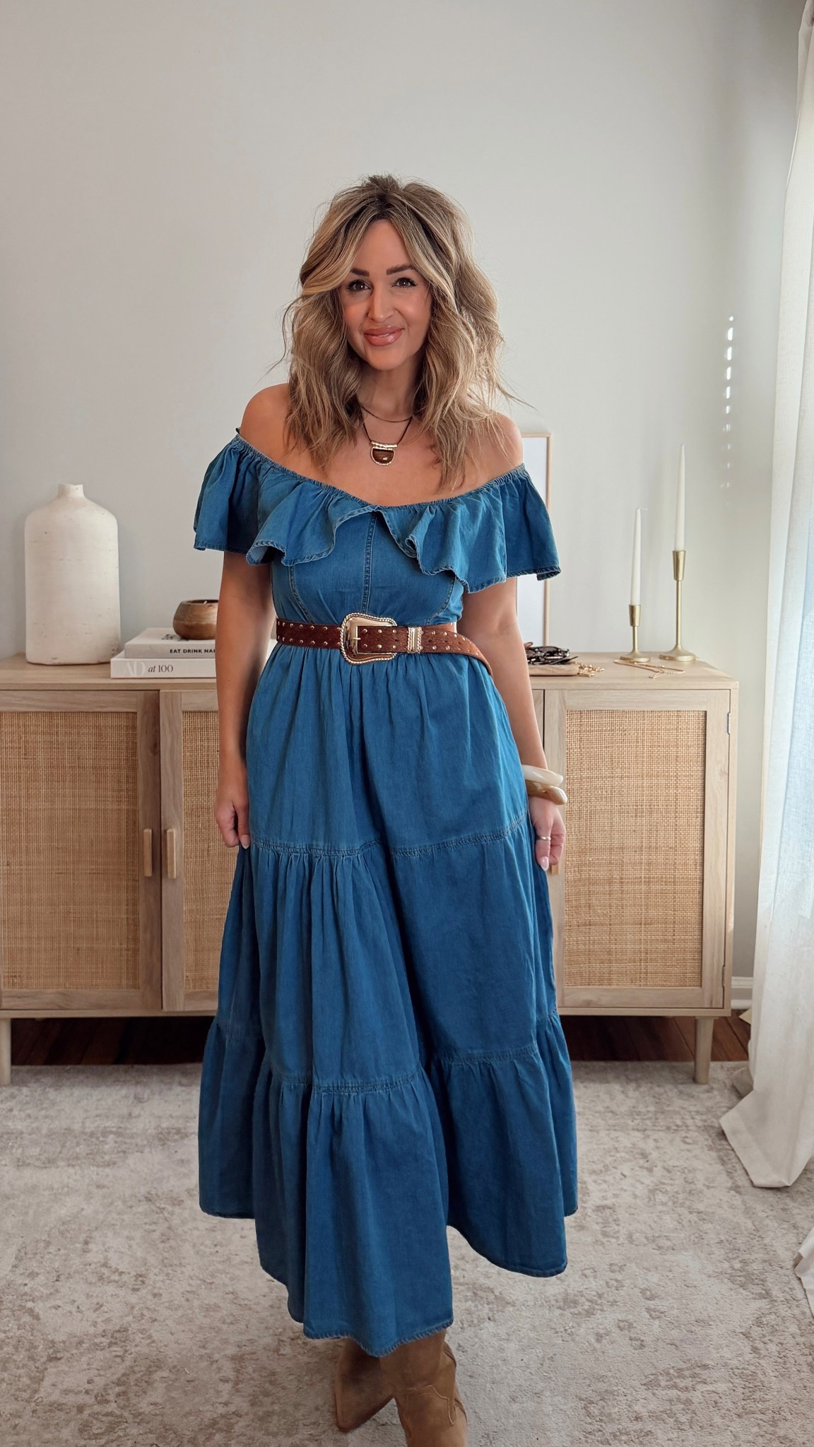this denim dress is so pretty + flattering! i love the off the shoulder detail + it has pockets. i’m in a size M, but think a S could have worked. LEANN35 saves 35% off at checkout! vici haul, western romance, denim dress 
