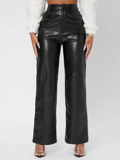 SHEIN X LOLITA & SOFIA Solid High Waist Straight Leg PU Leather Trousers | SHEIN