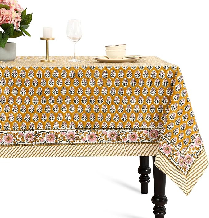 CPC Tablecloth 100% Cotton 72x190 Inch Indian Block Print Rectangle Table Cover, Yellow Table Clo... | Amazon (US)