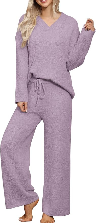 HNG Lounge Sets for Women Two Piece Outfits Fuzzy Fleece Pajama Set Long Sleeve Pullover Sweater ... | Amazon (US)