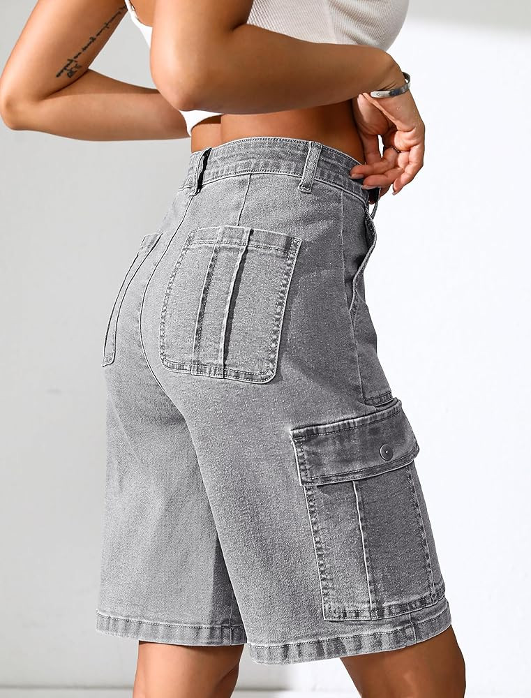 Eddoyee Bermuda Cargo Shorts for Women Stretchy High Waisted 6 Pockets Long Shorts Knee Length | Amazon (US)