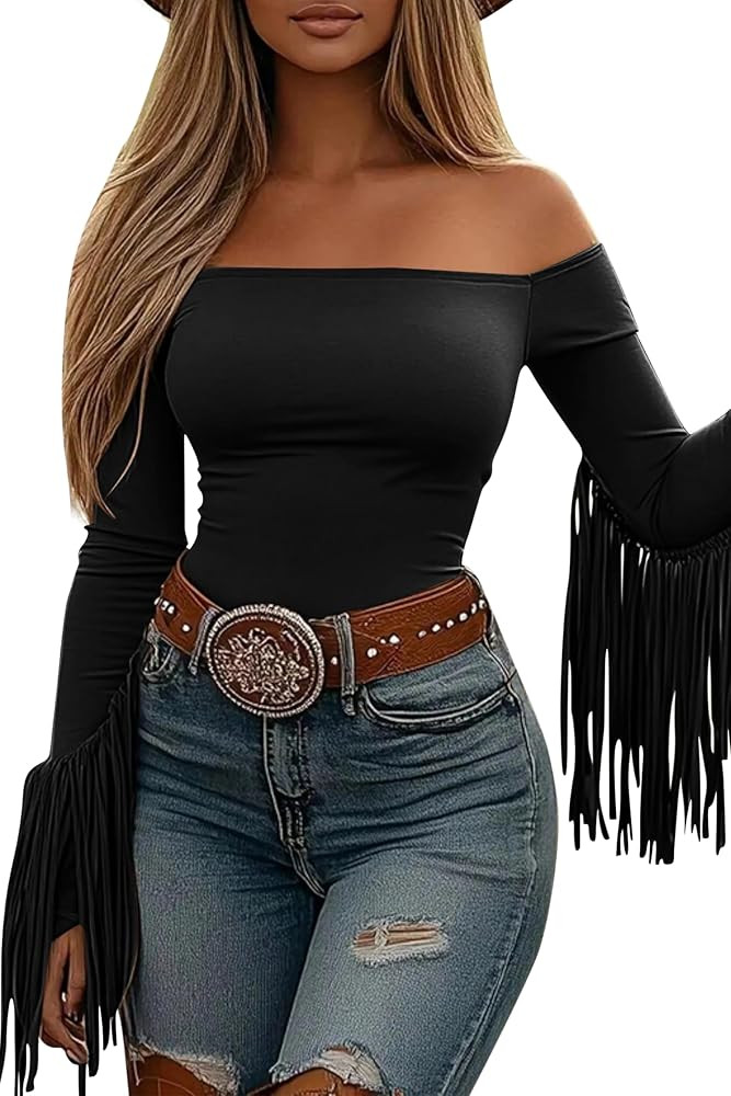 Off The Shoulder Fringe Tops for Women Western Cowgirl Outfits Stretchy Fall Long Sleeve Crop Tas... | Amazon (US)