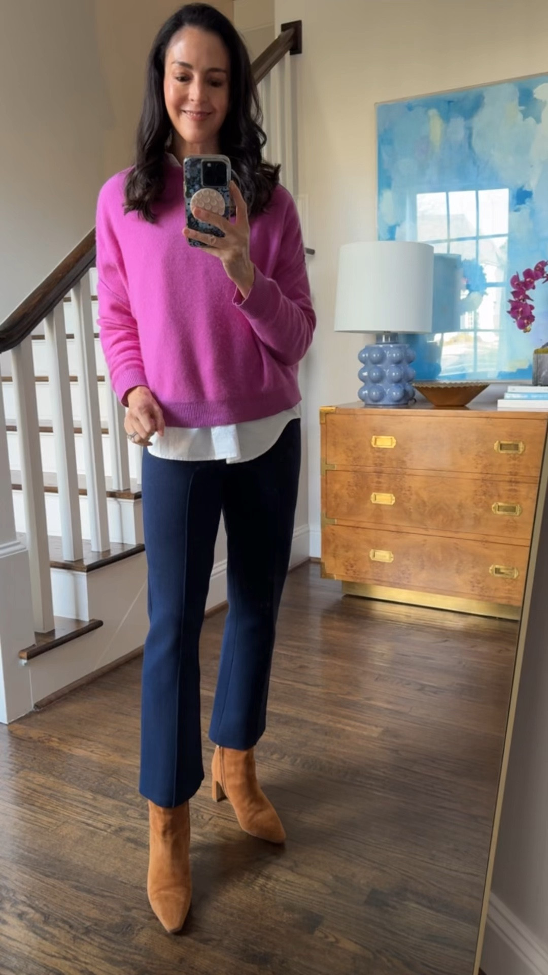 Today’s work outfit. My sister and I have been wearing this sweater for years. It’s super soft cashmere and great quality.
Size small all around. 