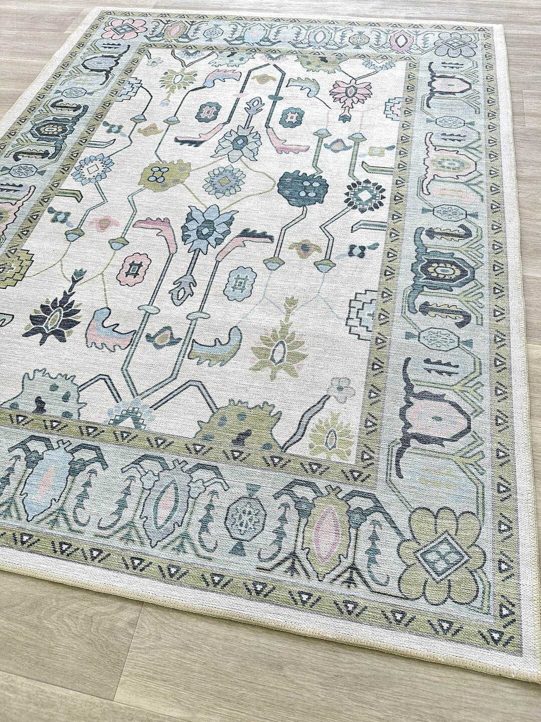 Lulus Oushak Rug Green Turkish Vintage Floral Pastel Large - Etsy | Etsy (US)