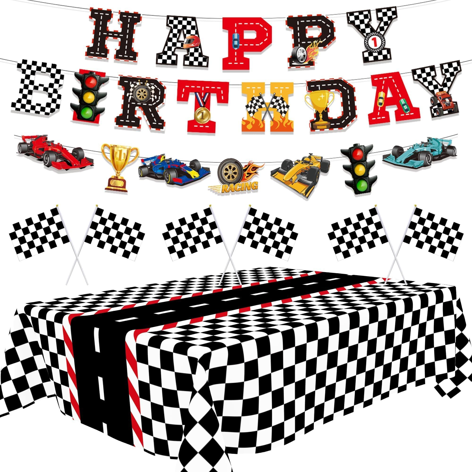 Race Car Party Decor Kit - Happy Birthday Banner, Tablecloths for Race Car Birthday or Baby Showe... | Amazon (US)