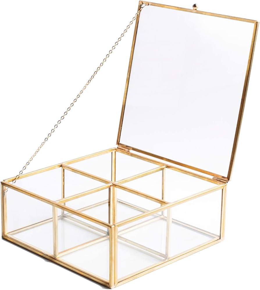 4 Compartment Golden Vintage Glass Lidded Jewelry Box, Large Clear Metal Box for Rings Bracelet K... | Amazon (US)