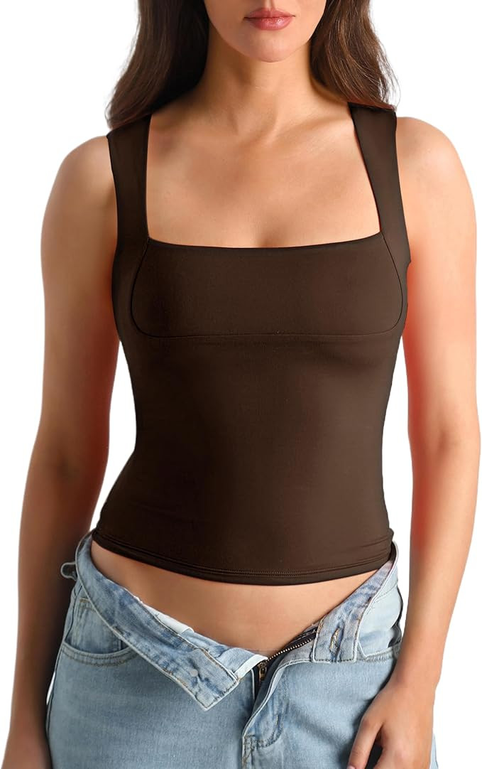 HOYAYO Women's Slim Fit Double-Layer Tank Top Square Neck Sleeveless Basic Fitted Tee Shirt | Amazon (US)