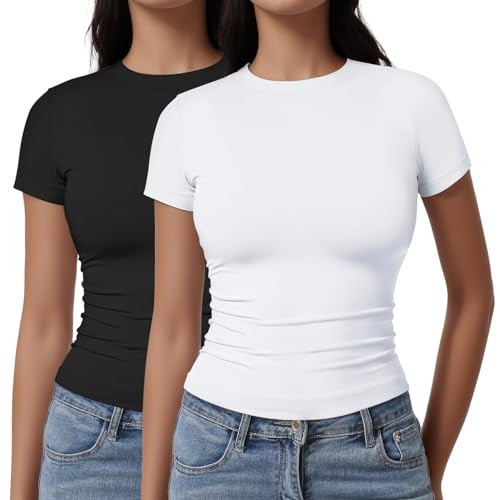 Womens Casual Basic Crop Tops Summer Autumn White Black Short Sleeve Crew Neck T Shirts Slim Fit Tees Plain Going Out Y2k Tight Fitted Compression Plain Sexy Tops Baby Tee Shirts Trendy Clothes 2025 | Amazon (US)