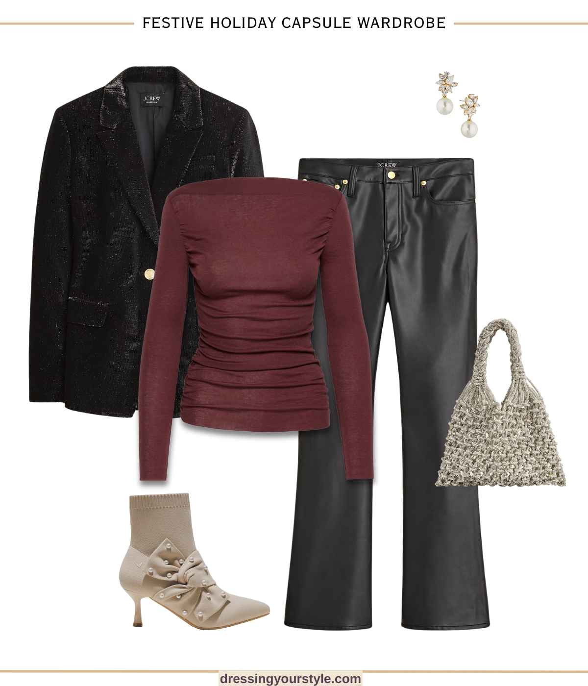 Holiday festive party outfit perfect for the office party or a festive night out. Includes faux leather pants, burgundy top and glittery blazer  

#LTKParties #LTKSeasonal #LTKHoliday