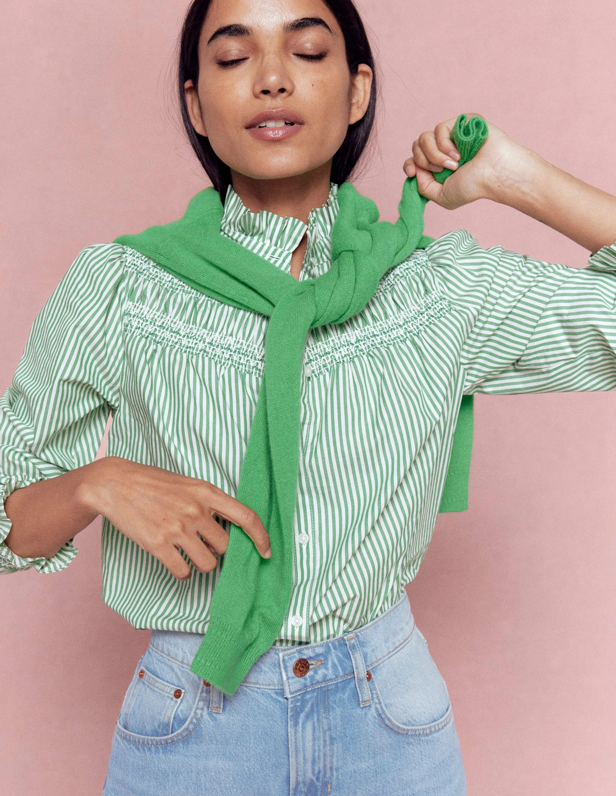 Esme Smocked Detail Frill Top-Highland Green, Ivory Stripe | Boden (US)