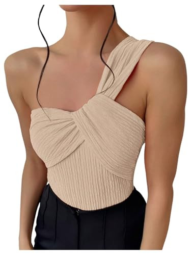 OYOANGLE Women's One Shoulder Going Out Bodysuit Tops Asymmetrical Textured Sleeveless Concert Tank Tops Apricot Small | Amazon (US)