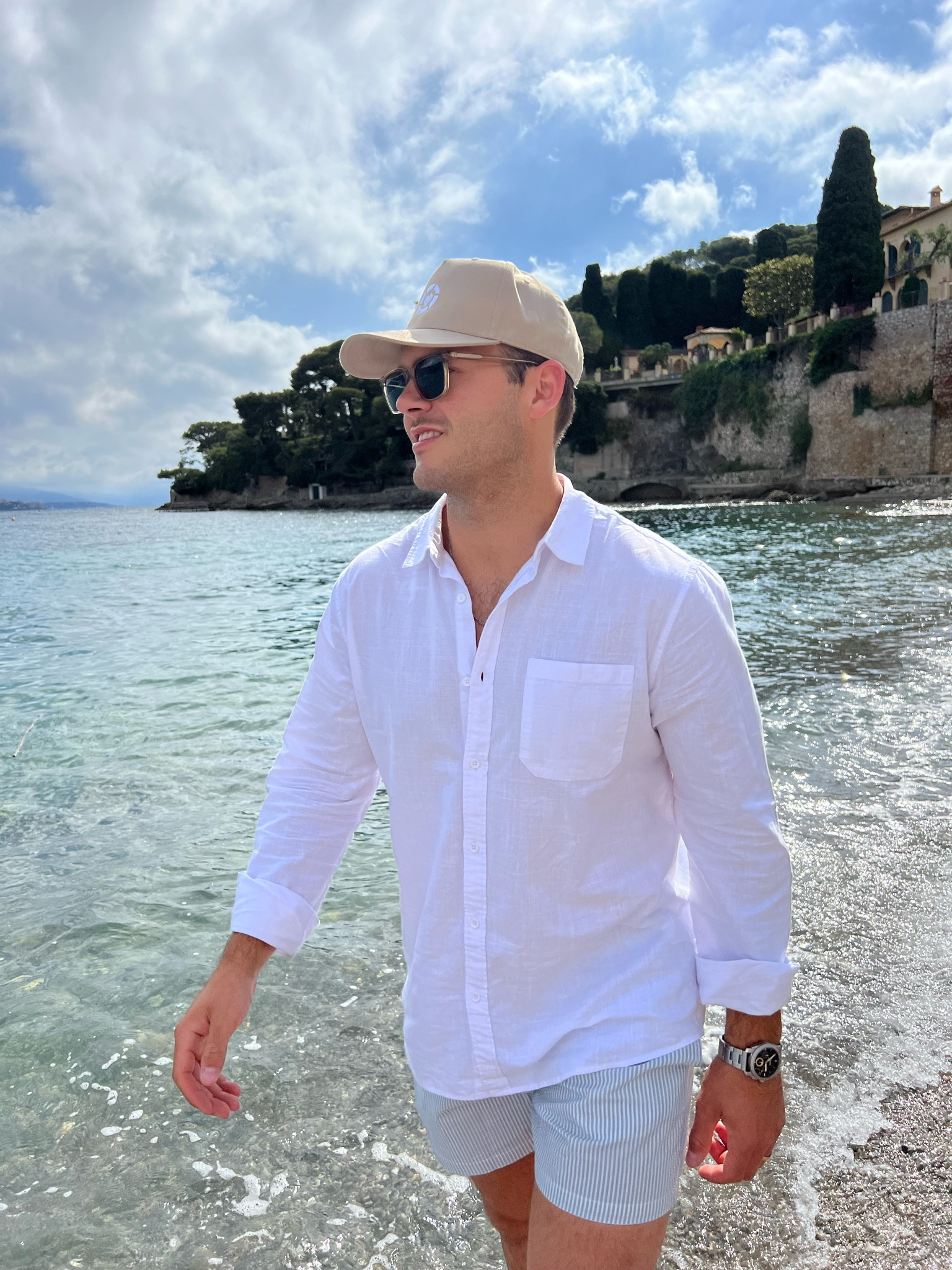 Summer vacation outfit for men, south of France outfit, white linen shirt, swim shorts, swim trunks 

#LTKSeasonal #LTKMens #LTKShoeCrush