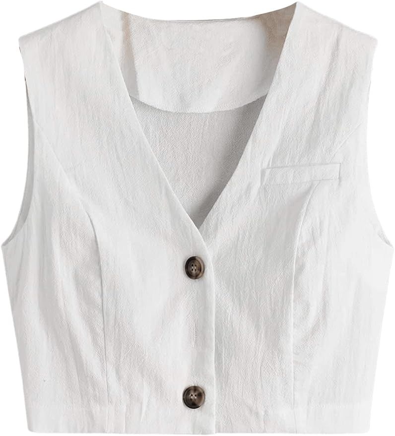 SweatyRocks Women's Casual Sleeveless V Neck Solid Button Front Crop Tank Top Blazer Vest | Amazon (US)