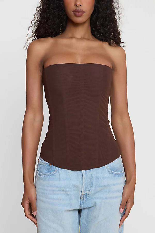 LEAU Muse Mesh Corset Top in Brown, Women's at Urban Outfitters | Urban Outfitters (US and RoW)