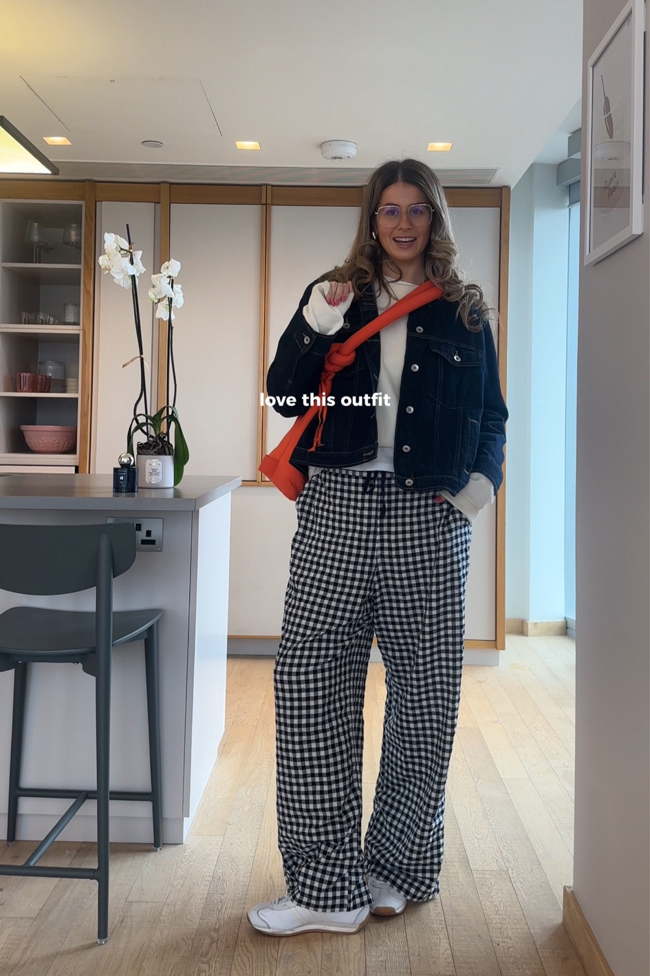 pyjamas gingham trousers, white long sleeve top, cream knit sweater Uniqlo, asos, mango, H&M, M&S dark indigo denim jacket, gold jewellery, adidas country OGs, white samba, trainer, spring summer outfits, layering, capsule wardrobe, spring workwear

#LTKworkwear #LTKstyletip #LTKSeasonal