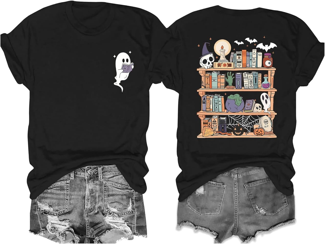 Ghost Reading Book Shirt Women Halloween Spooky Short Sleeve Teacher Clothing Vintage Fall Tee To... | Amazon (US)