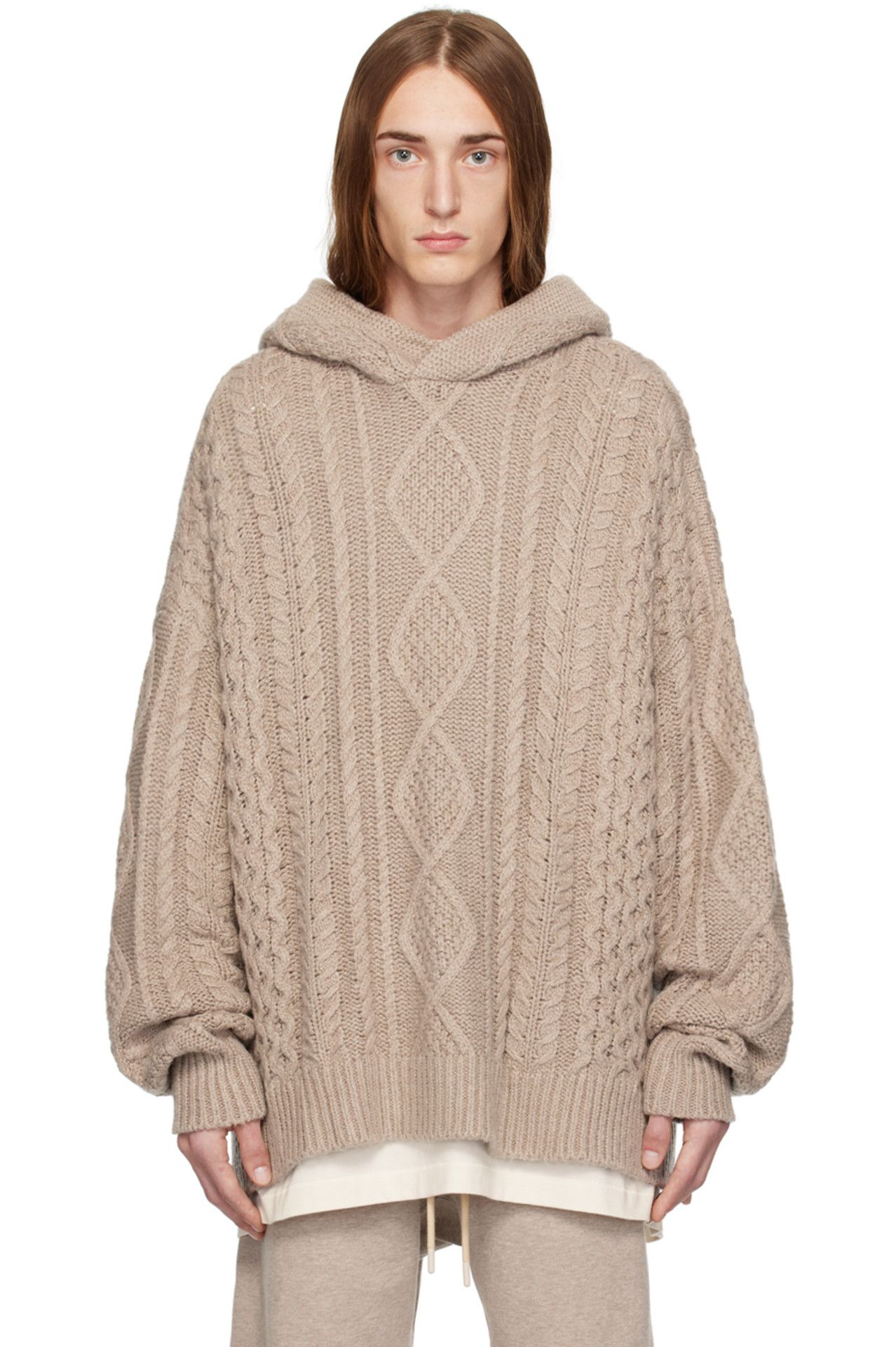 Fear of God ESSENTIALS - Beige Cable Hoodie | SSENSE