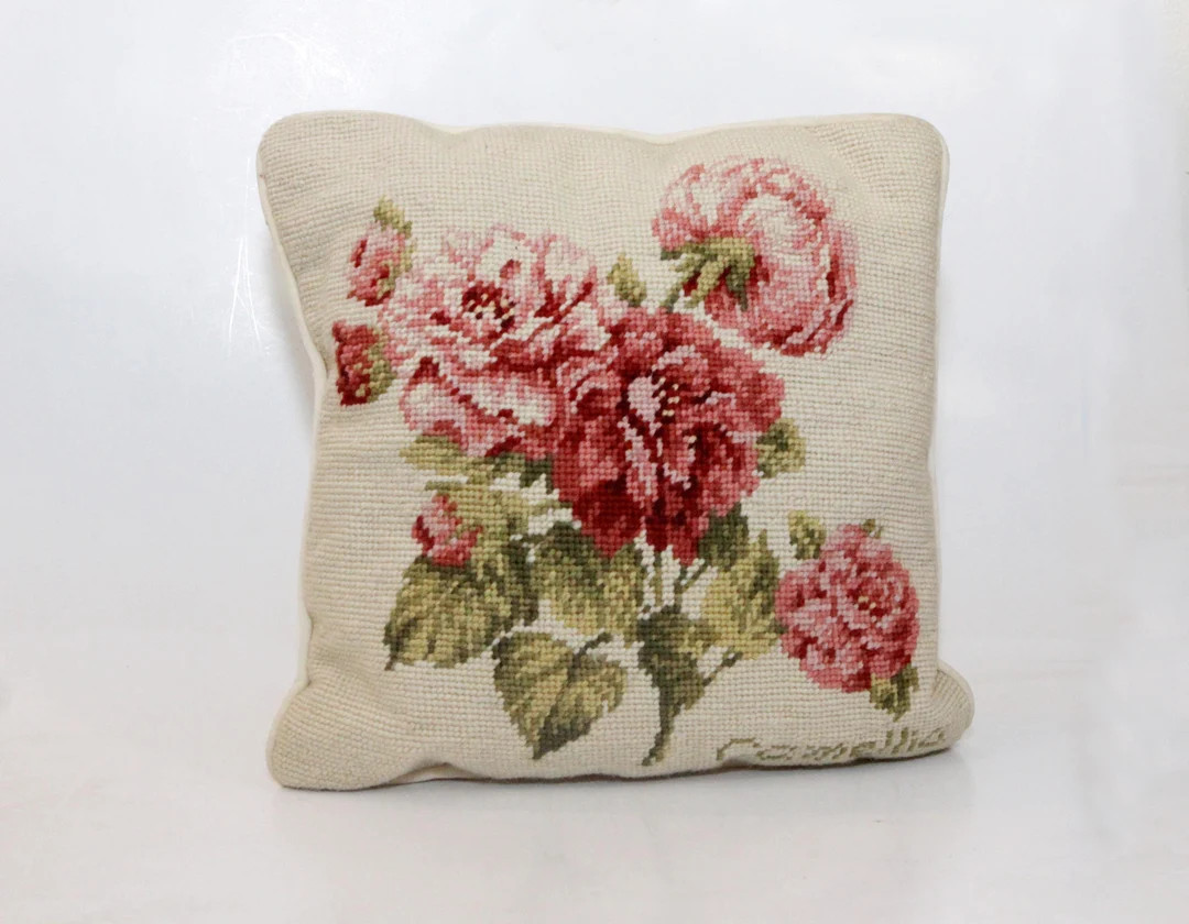 Needlepoint Floral Pillow Vintage Camellia Flower Granny Cottage Core 11 X 11 - Etsy | Etsy (US)