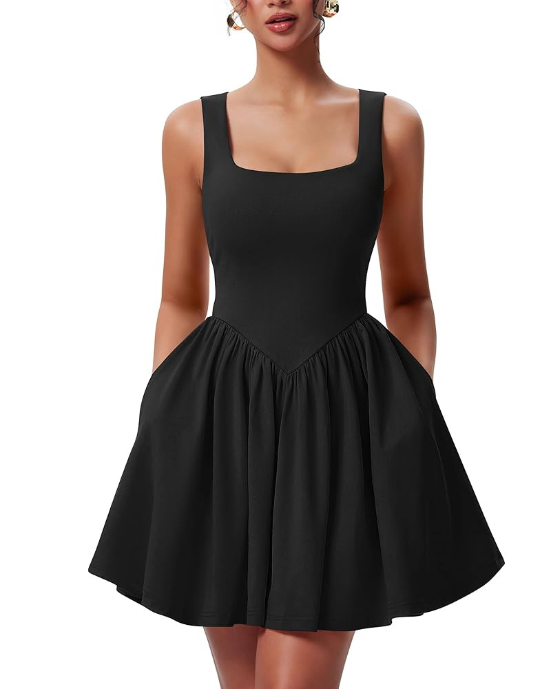 YMDUCH Women's Summer Sleeveless Square Neck A-line Ruffle Hem Mini Tank Dress with Pockets | Amazon (US)