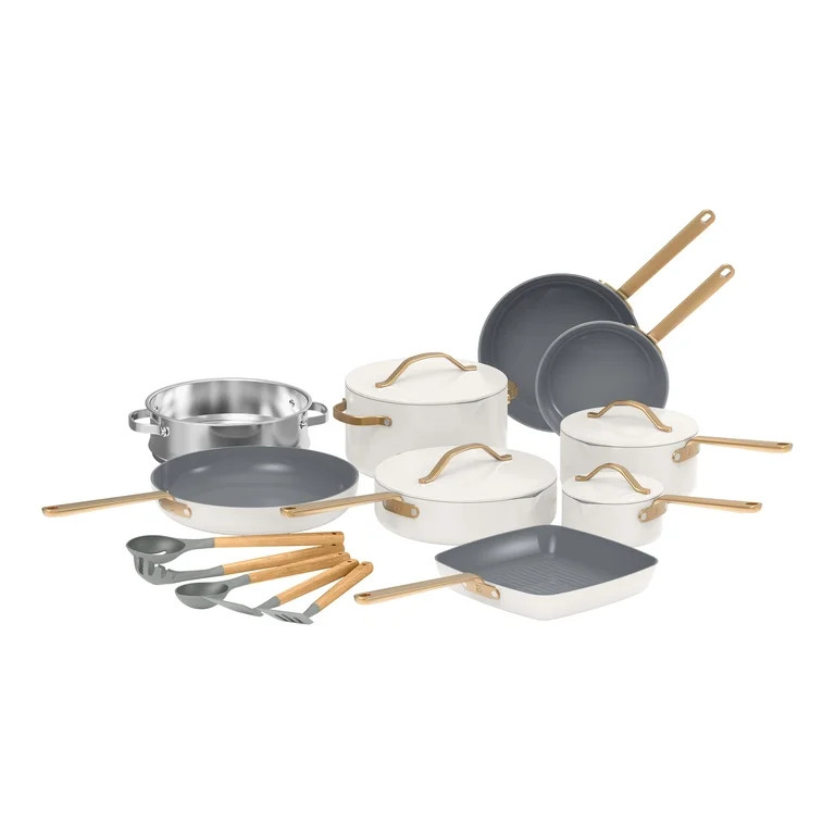 Beautiful 18-Piece Ceramic Nonstick Cookware Set, Pots & Pans with Strainer Lids & Kitchen Utensi... | Walmart (US)