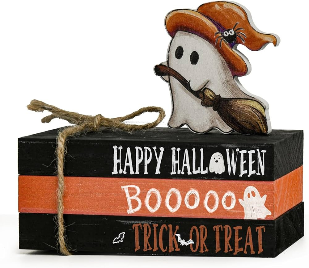 Smile Halloween Wooden Stack, Ghost Bat Mini Faux Books Bundle, Trick or Treat Tiered Tray Decora... | Amazon (US)