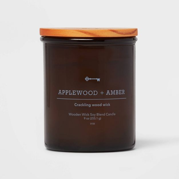 Lidded Glass Jar Crackling Wooden Wick Candle Applewood and Amber - Threshold™ | Target