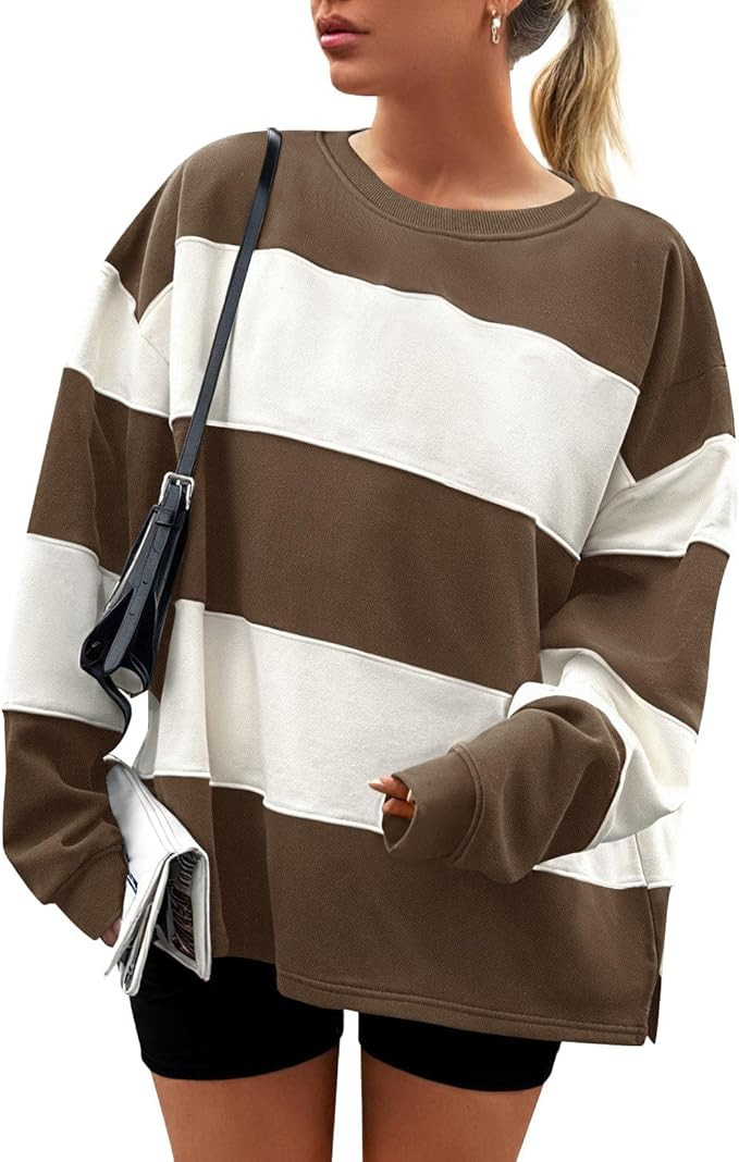 ZESICA Women's Fall Sweatshirt Tops Crewneck Long Sleeve Loose Oversized Striped Fleece Pullover ... | Amazon (US)
