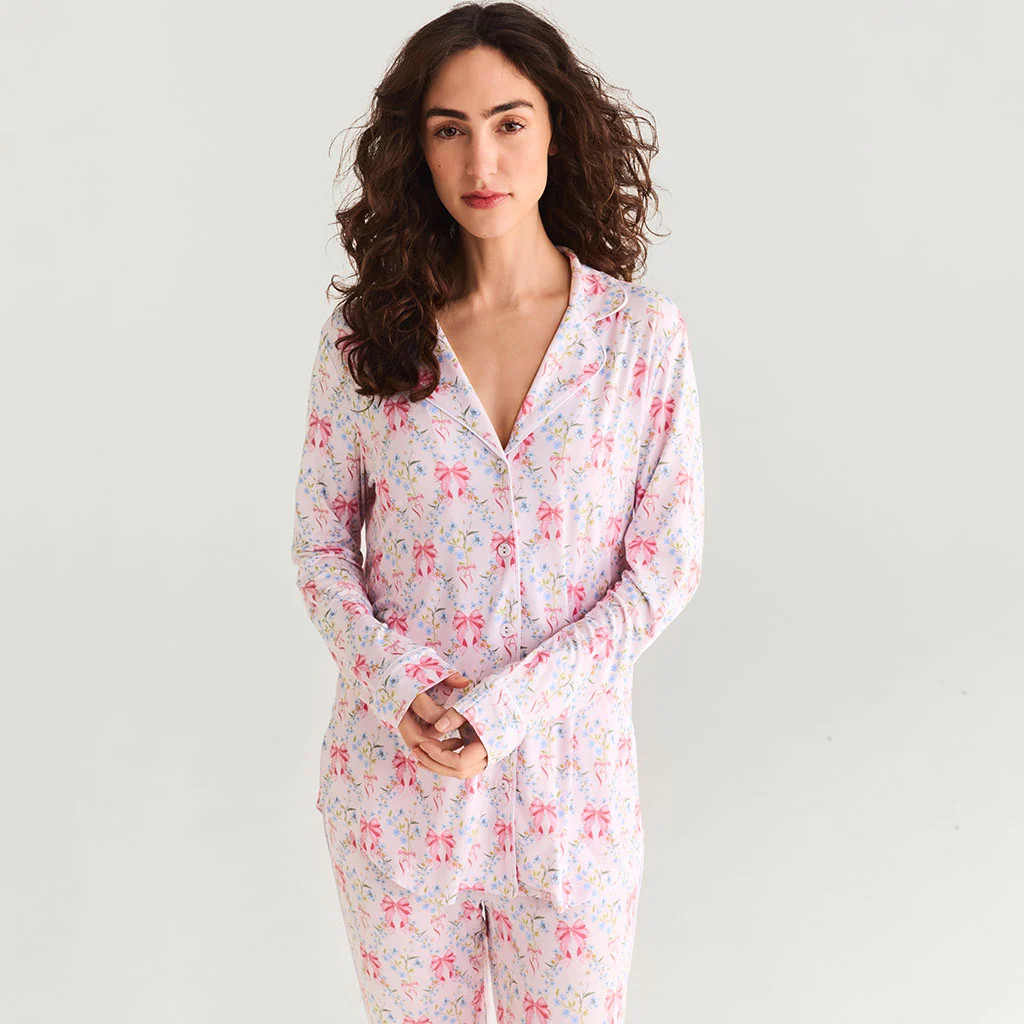 Bows Pink Long Sleeve Harriet Women's Luxe Pajama Pant Set | Posh Peanut\u00ae | Posh Peanut