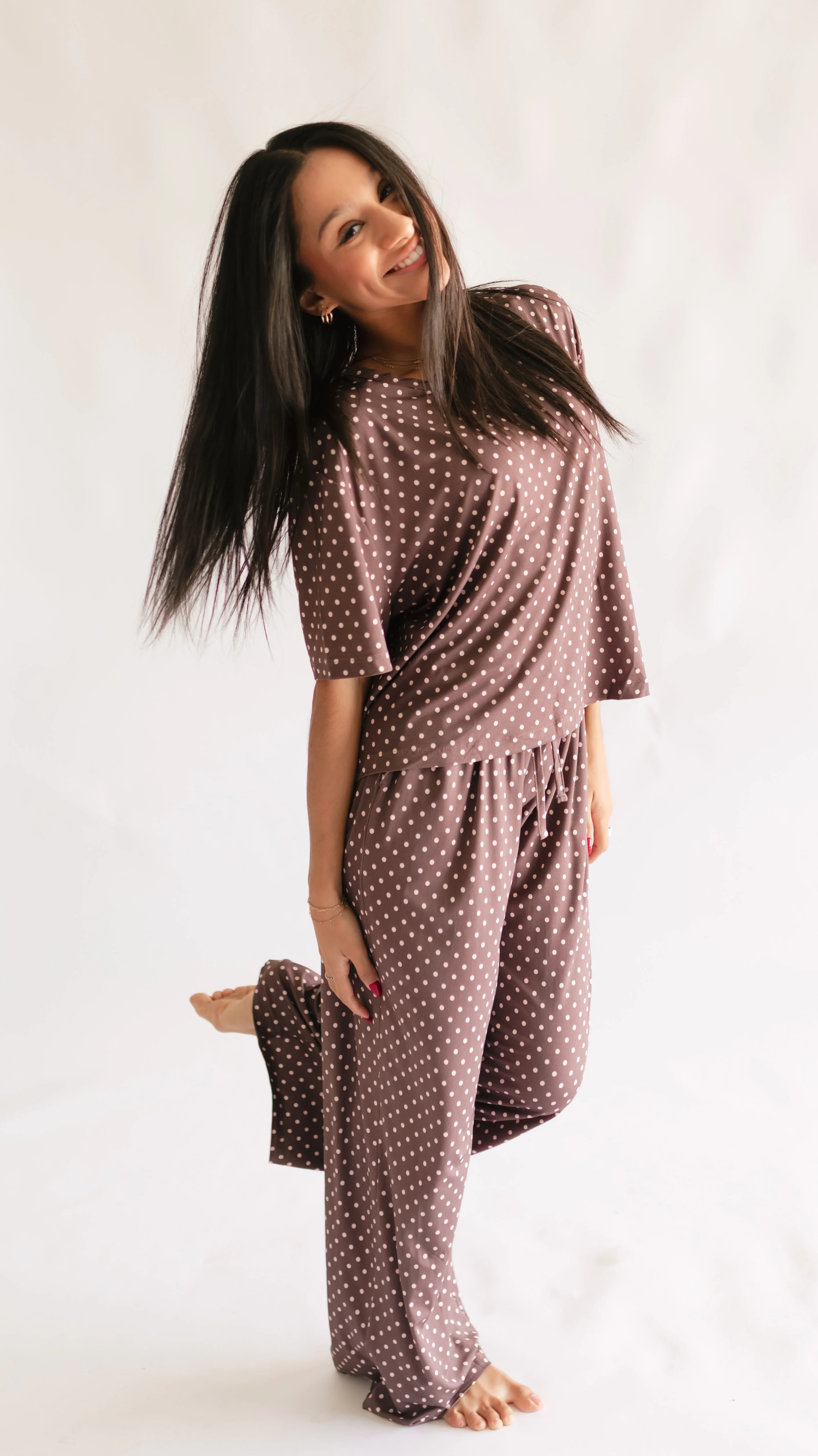 Women's T-Shirt and Pants Set in Brown & Pink Polka Dot | Silks Design