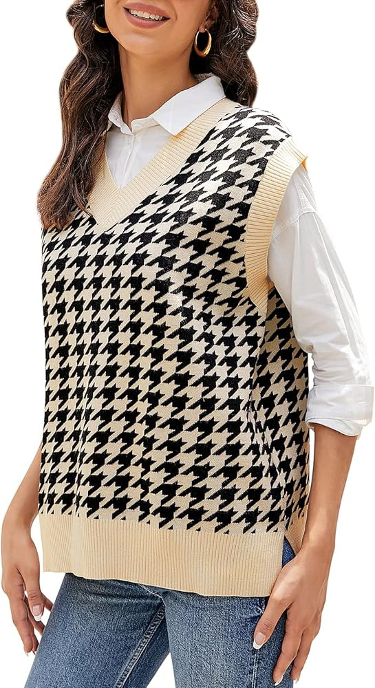 HOCOSIT Women's Knitted V-Neck Vest Argyle Plaid Preppy Style Sleeveless Pullover Crop Sweater Ve... | Amazon (US)
