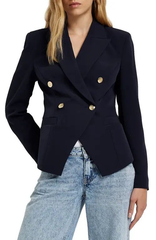 River Island Cinch Waist Double Breasted Blazer in Navy at Nordstrom, Size 8 | Nordstrom