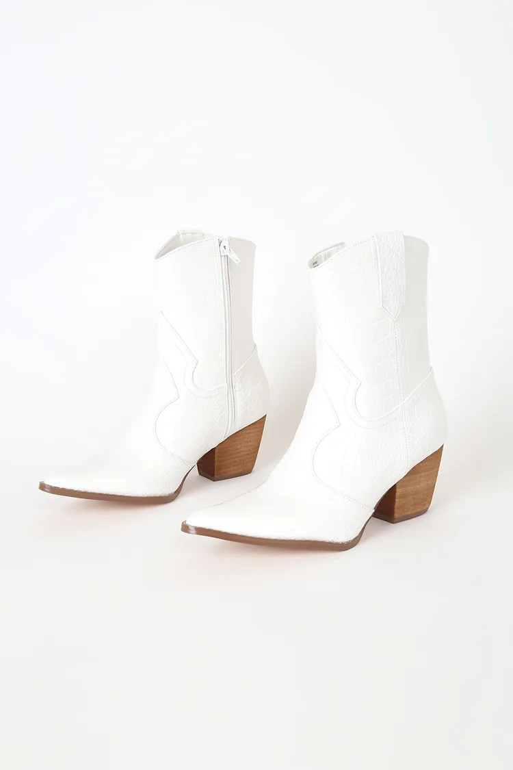 Bambi White Crocodile Embossed Mid-Calf Boots | Lulus