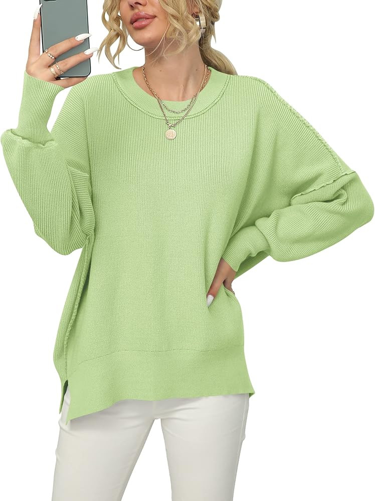 ANRABESS Women Crewneck Batwing Sleeve 2023 Fall Oversized Side Slit Ribbed Knit Pullover Sweater To | Amazon (US)